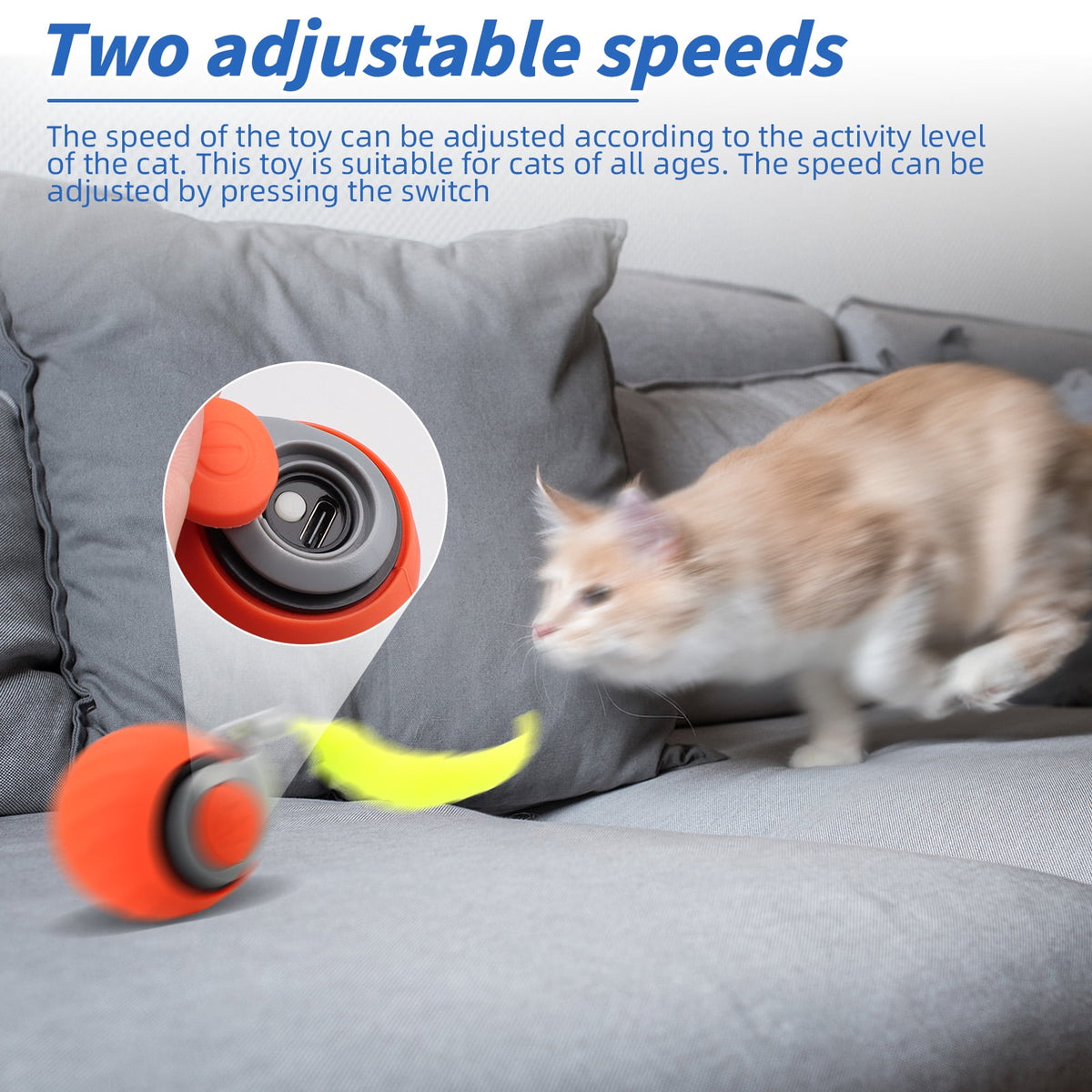 Speedy Tail 2.0, Interactive Cat Toy for Indoor Cats, Automatic Moving Cat Toy Ball, USB Rechargeable Smart Cat Toys Ball with Replacement Tail, 2 Speed Adjustment